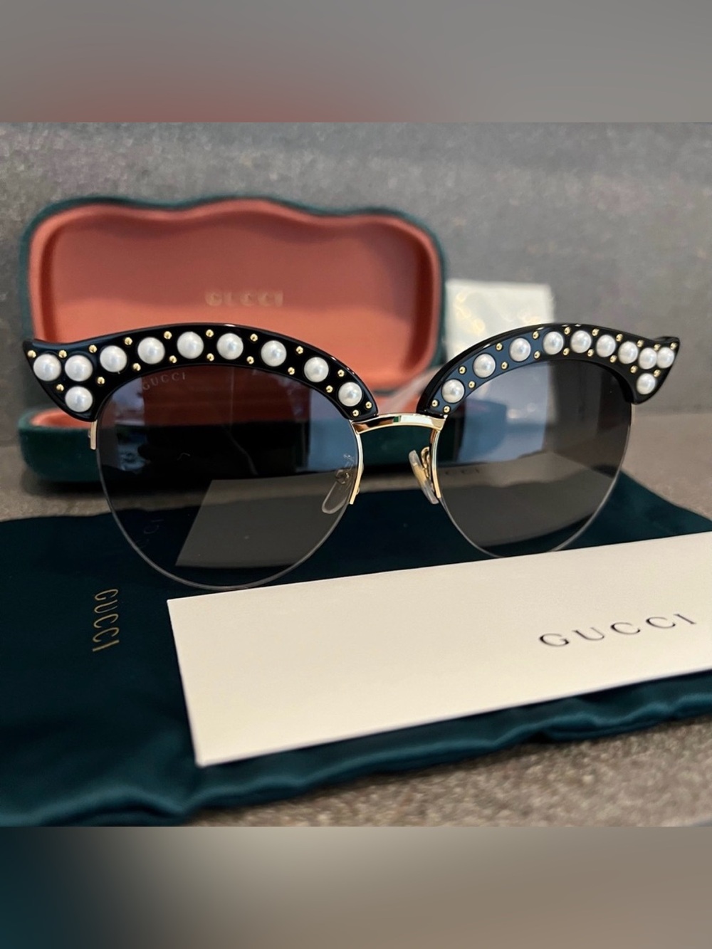 GUCCI Pearl/ Gold Studded Cat Eye Sunglasses in Black-Gray, GG0212S, BRAND NEW